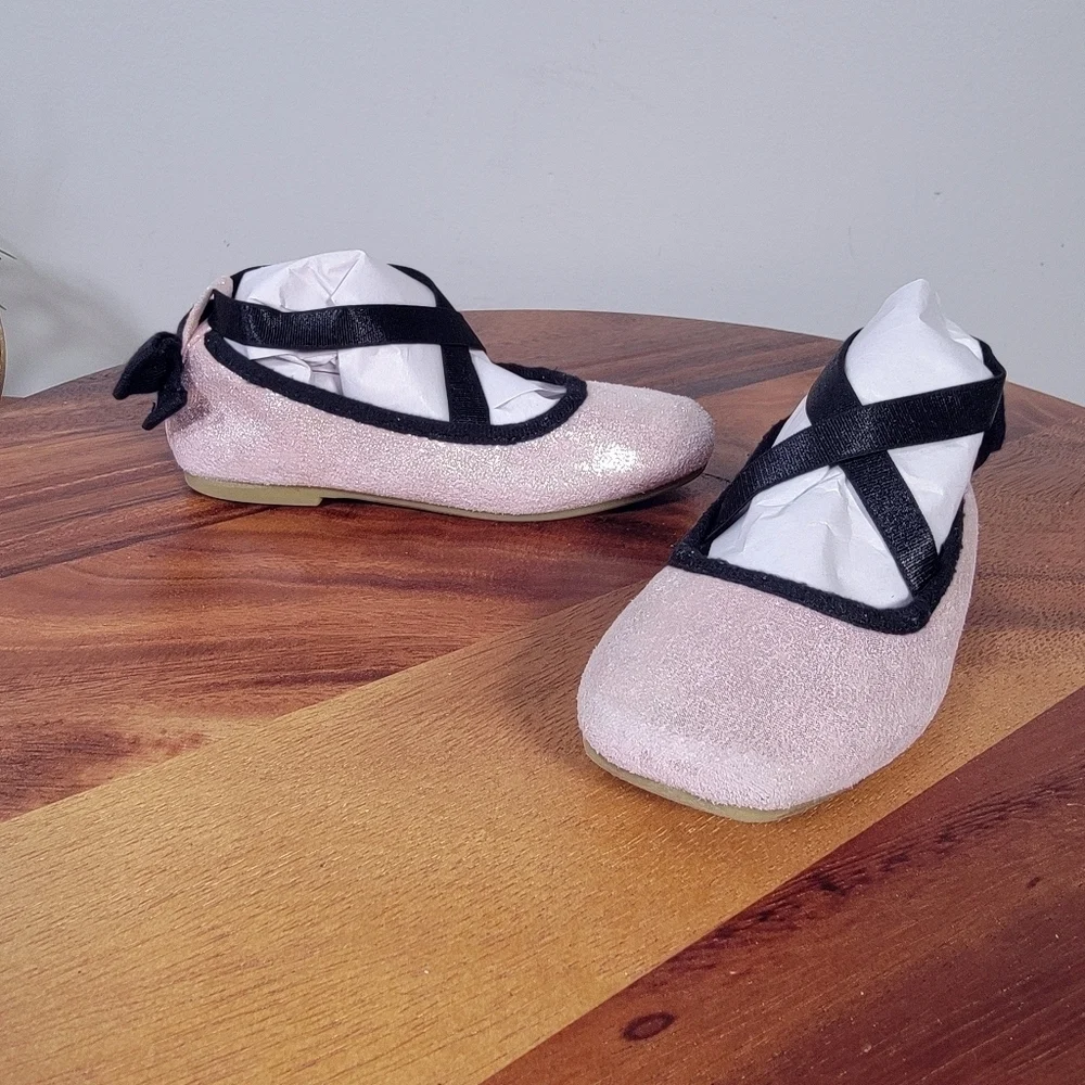 Cat & Jack Pink Shimmer Ballet Flats Girls Size 8 Criss Cross Top Back Bow